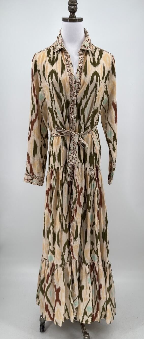 Mes Demoiselles Ikat Print Button Down Tiered Maxi Shirt Dress Sz FR 40 US M